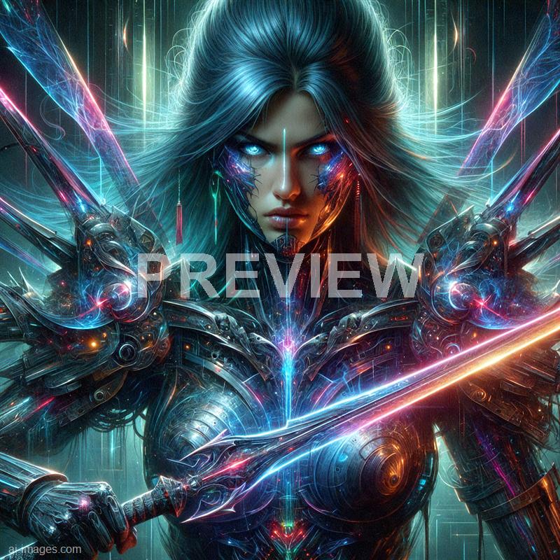 The image depicts a highly detailed, futuristic female warrior with glowing blue eyes and cybernetic enhancements on her face and body. She is clad in intricate, metallic armor with neon accents, holding a glowing sword, and appears to be in a sci-fi environment filled with luminous lines and digital effects that emphasize her cybernetic nature. Her intense expression and the vibrant, tech-inspired background create a sense of power and advanced technology.